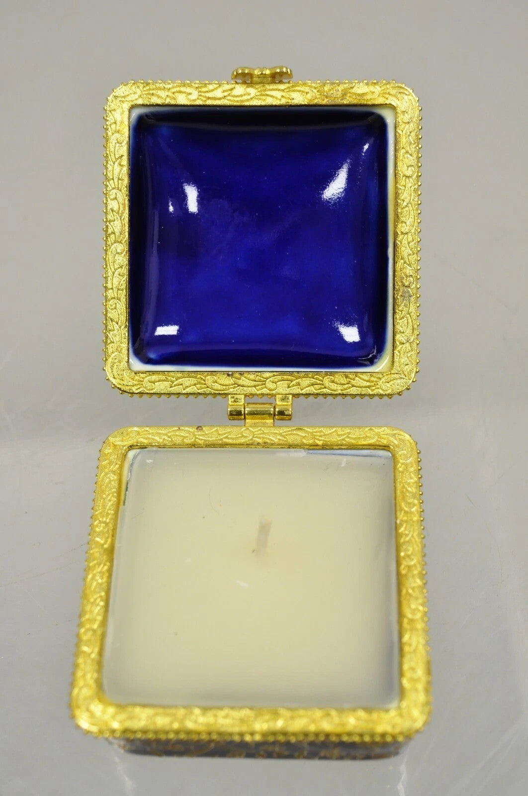 Vintage Cobalt Blue Porcelain Egg Gold Gilt Hinged Lid Candle Trinket Box - 2 Pc
