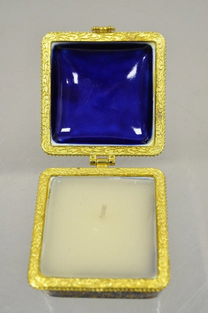 Vintage Cobalt Blue Porcelain Egg Gold Gilt Hinged Lid Candle Trinket Box - 2 Pc