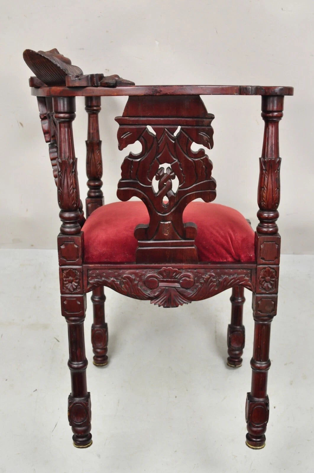 Reproduction Italian Renaissance Style Mahogany Corner Side Chair w/ Carved Face