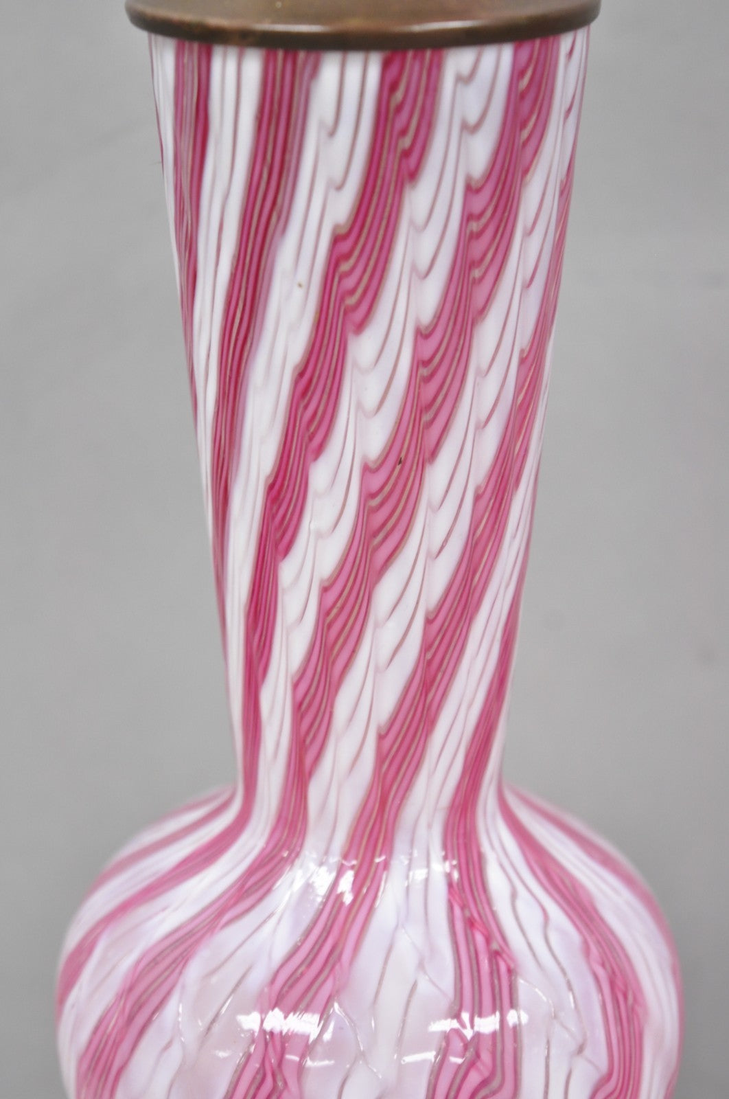 Vintage Italian Latticino Murano Pink Ribbon Swirl Glass Small Table Lamp - Pair