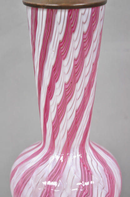 Vintage Italian Latticino Murano Pink Ribbon Swirl Glass Small Table Lamp - Pair