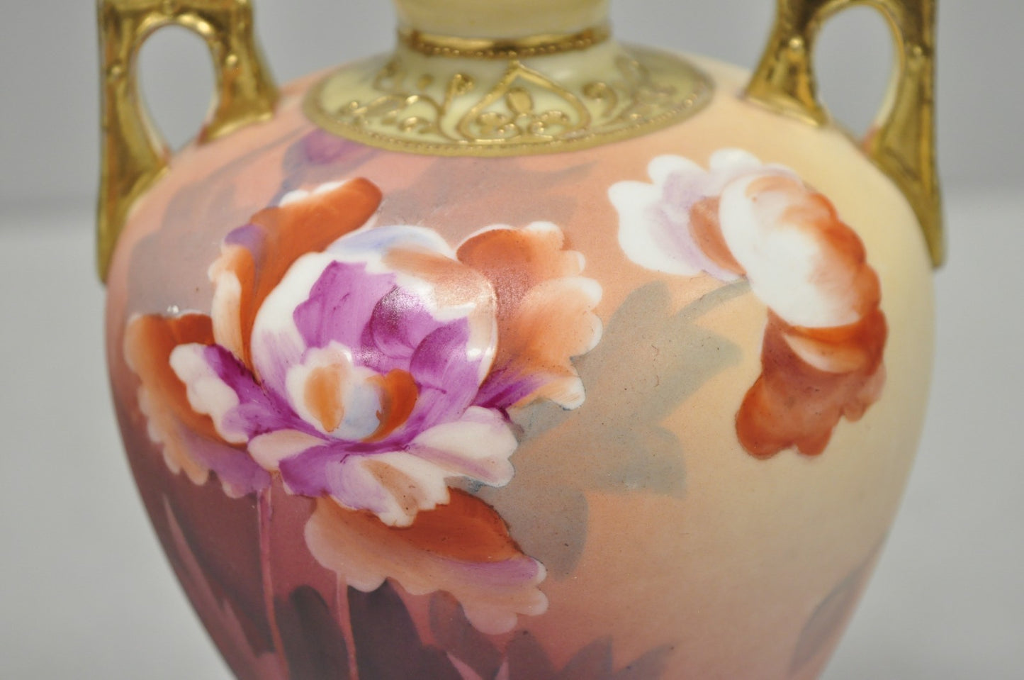 Antique Nippon Hand Painted Porcelain Small Pink Floral Vase w Gold Twin Handles