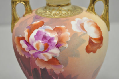 Antique Nippon Hand Painted Porcelain Small Pink Floral Vase w Gold Twin Handles