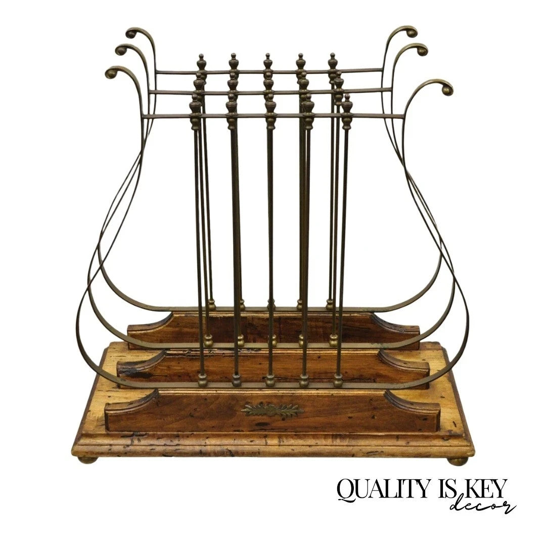 Vintage Italian Neoclassical Style Brass Lyre Harp Wooden Magazine Rack Stand