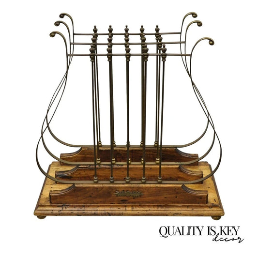 Vintage Italian Neoclassical Style Brass Lyre Harp Wooden Magazine Rack Stand