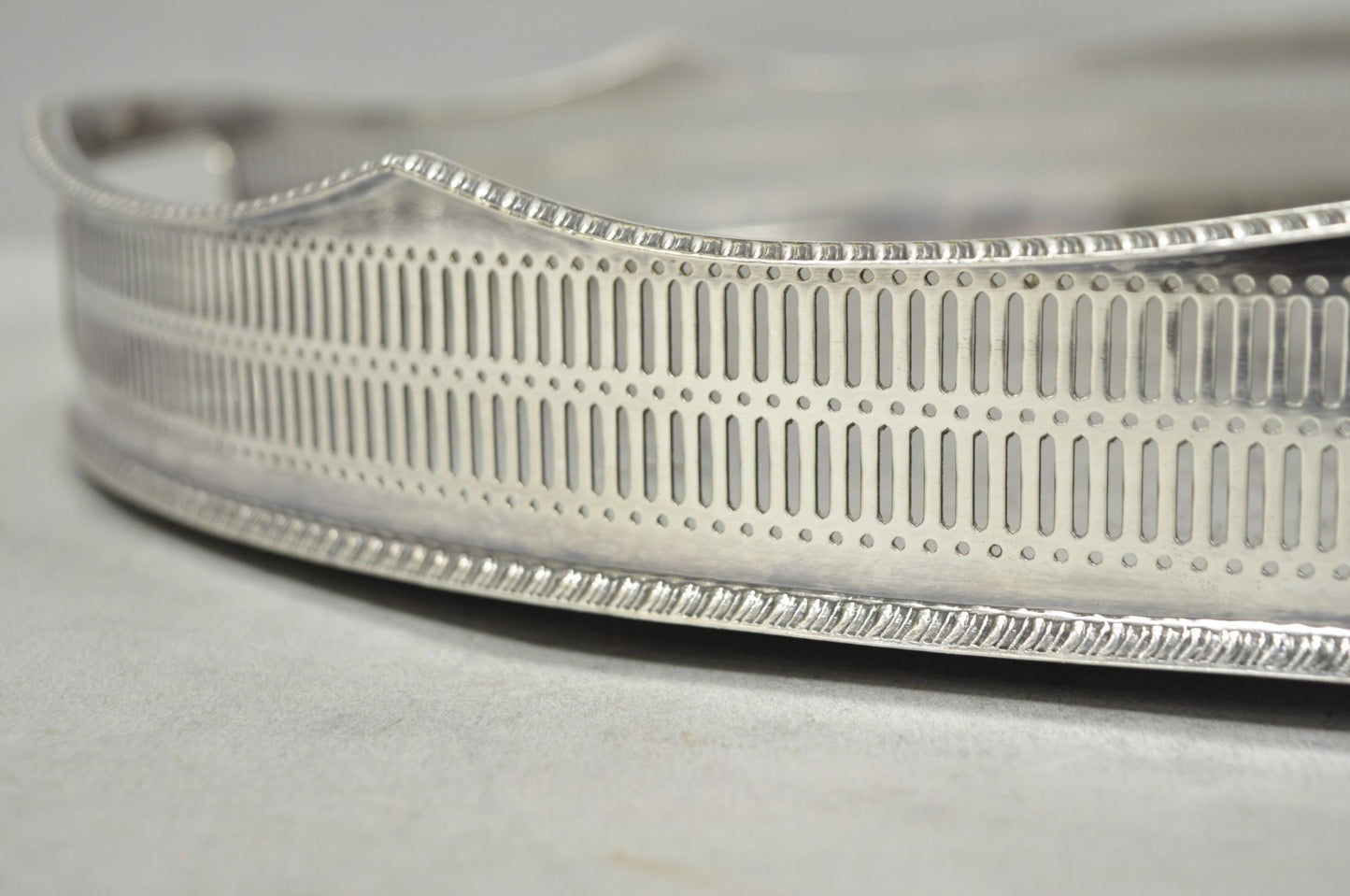 Vintage English Edwardian Silver Plated Oval Scalloped Gallery Bar Platter Tray
