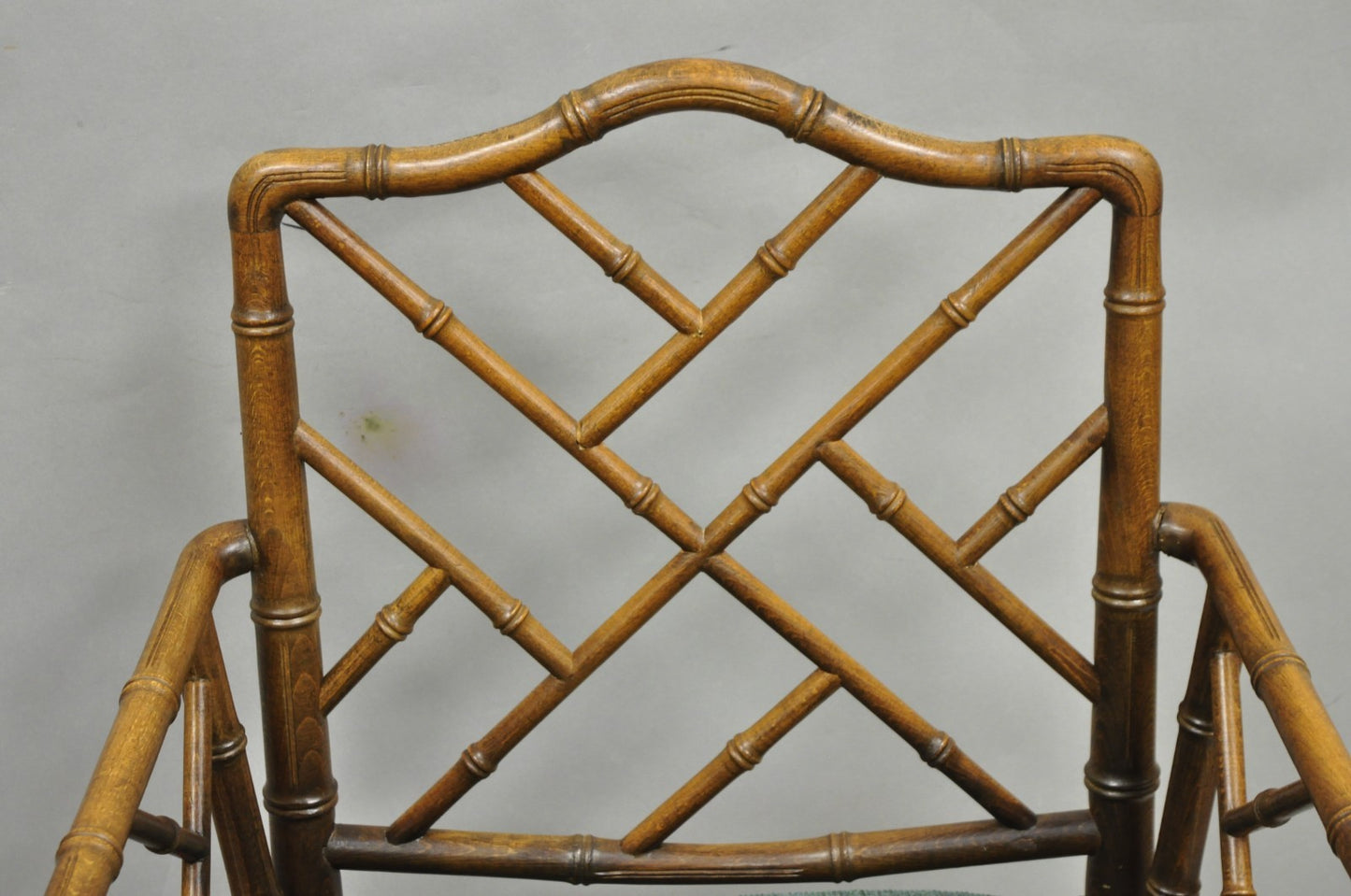 Vintage Chinese Chippendale Faux Bamboo Wood Fretwork Dining Arm Chairs - a Pair