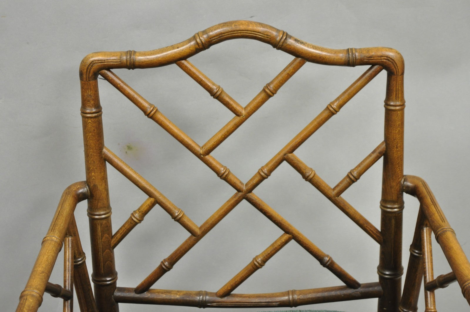 Vintage Chinese Chippendale Faux Bamboo Wood Fretwork Dining Arm Chairs - a Pair