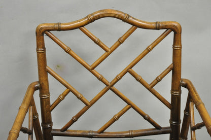 Vintage Chinese Chippendale Faux Bamboo Wood Fretwork Dining Arm Chairs - a Pair