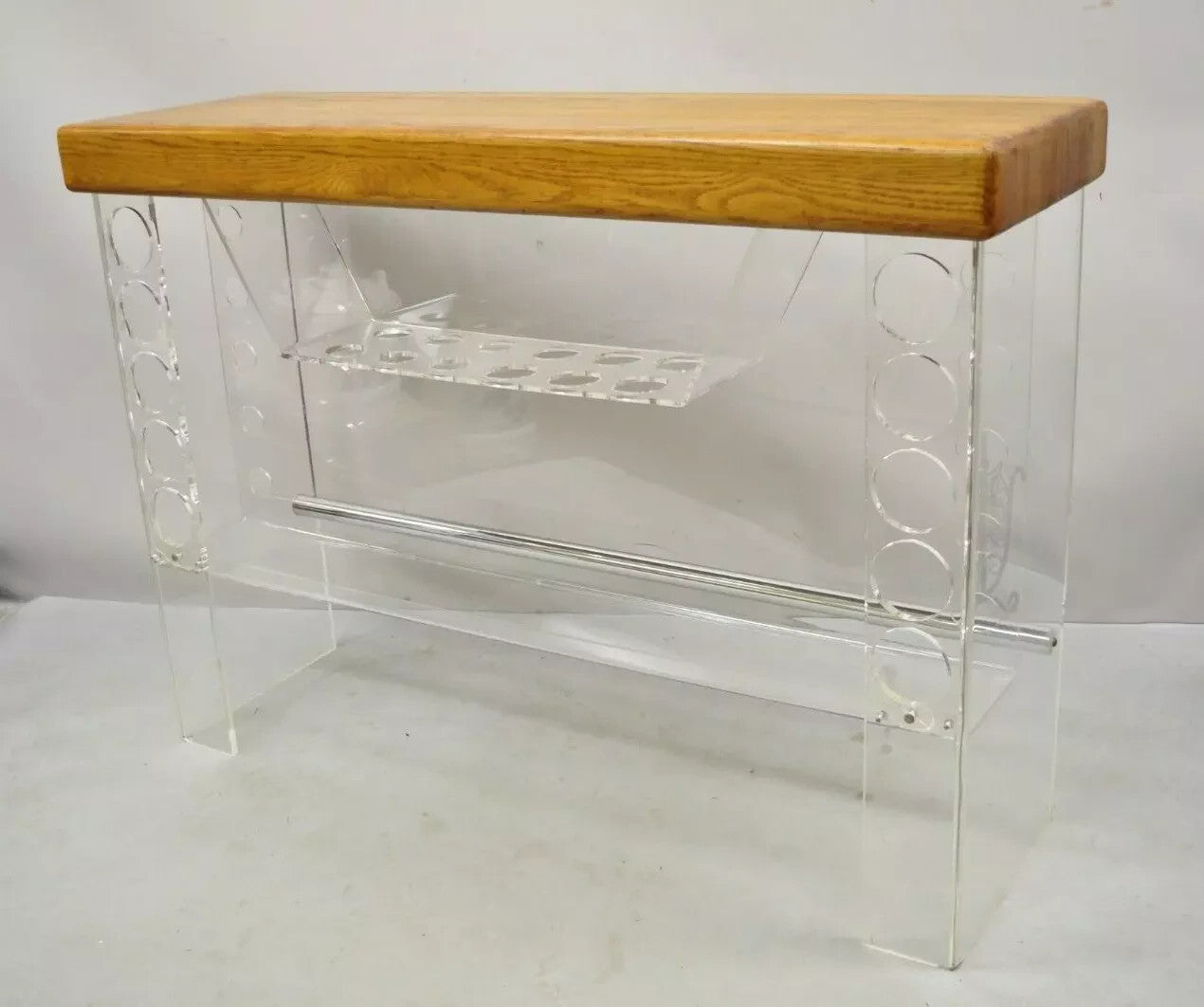 Vintage Mid Century Modern Lucite and Oak Wood Butcher Block Liquor Bar Table
