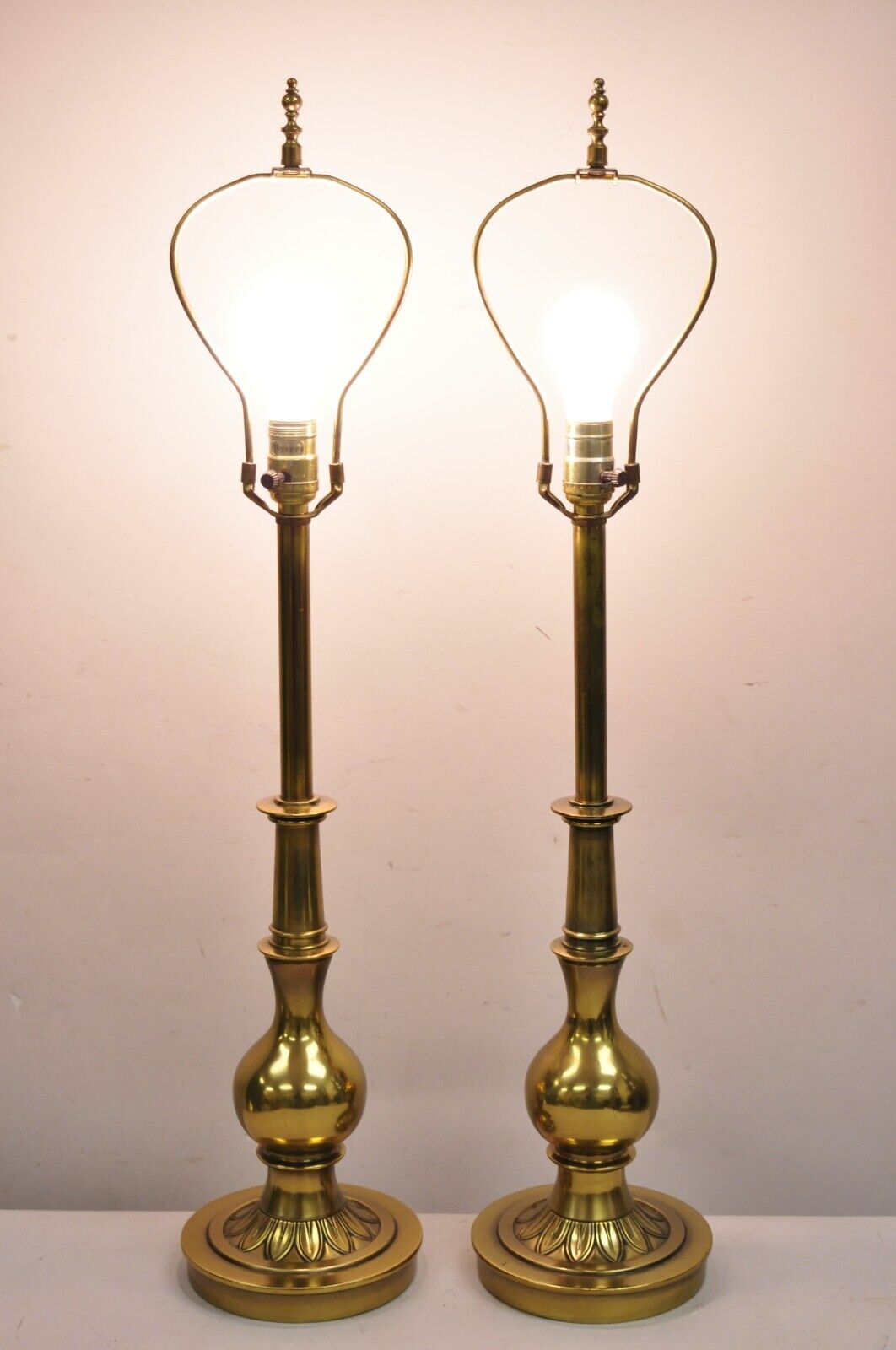 Vintage Stiffel Hollywood Regency Brass Bulbous Column Table Lamps - a Pair