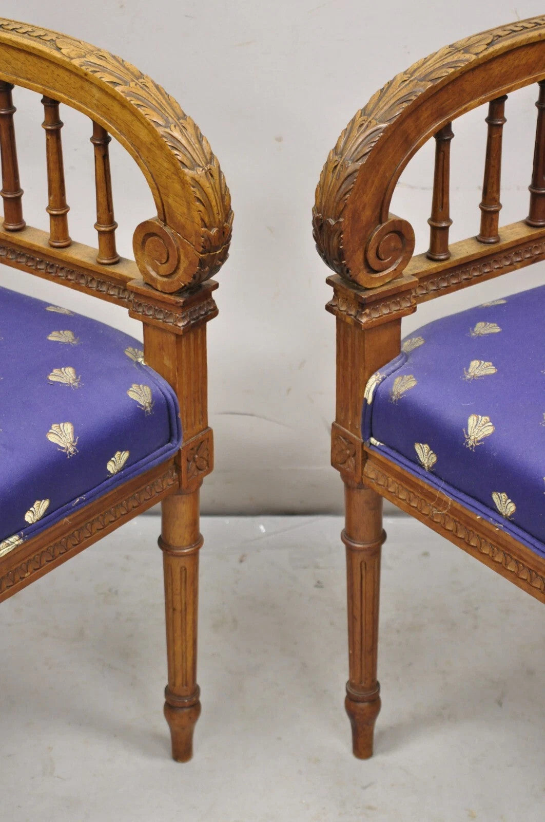 Antique French Louis XVI Style Carved Walnut Lyre Harp Corner Lounge Chair Pair