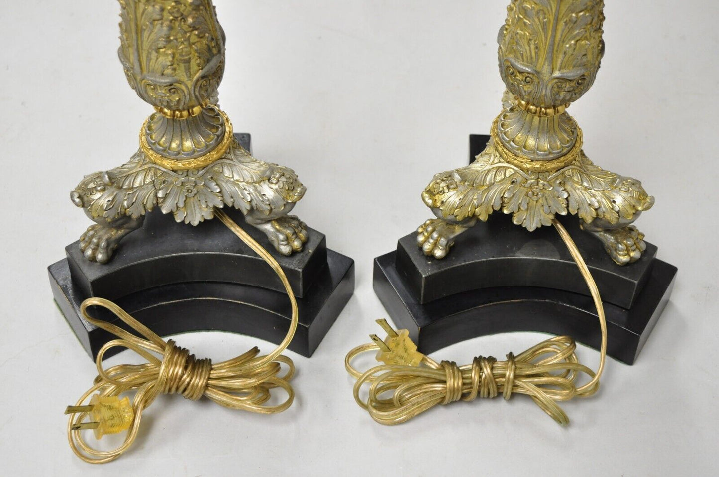 Vintage French Empire Silver & Gold Gilt Column Table Lamps w/ Paw Feet - a Pair