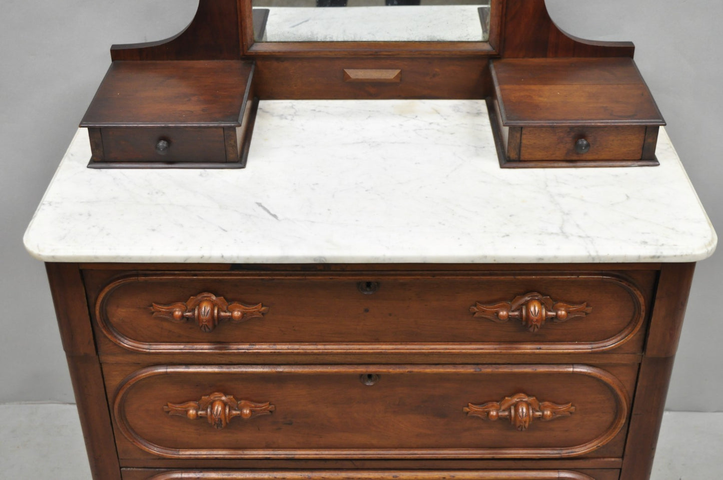 Antique Eastlake Victorian Carved Walnut Marble Top Washstand Dresser w/ Mirror