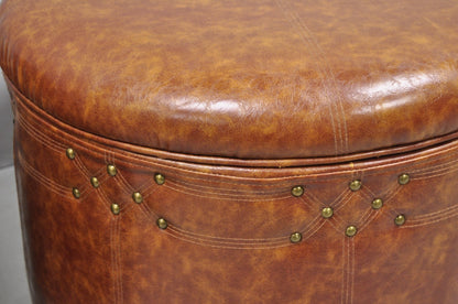 Contemporary Modern Moroccan Style Brown Faux Leather Round Storage Ottoman Pair