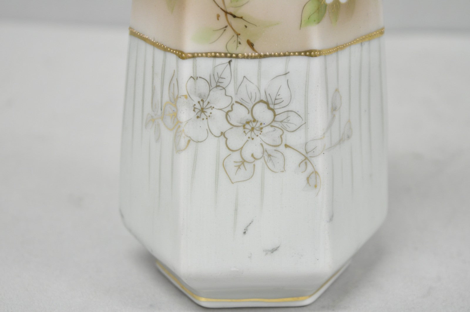 Antique Nippon Twin Handled Pink Hand Painted Porcelain Hexagon Gold Rimmed Vase