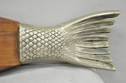 Vintage Mid Century Modern Teak Wood & Metal Fish Serving Platter Cutting Board