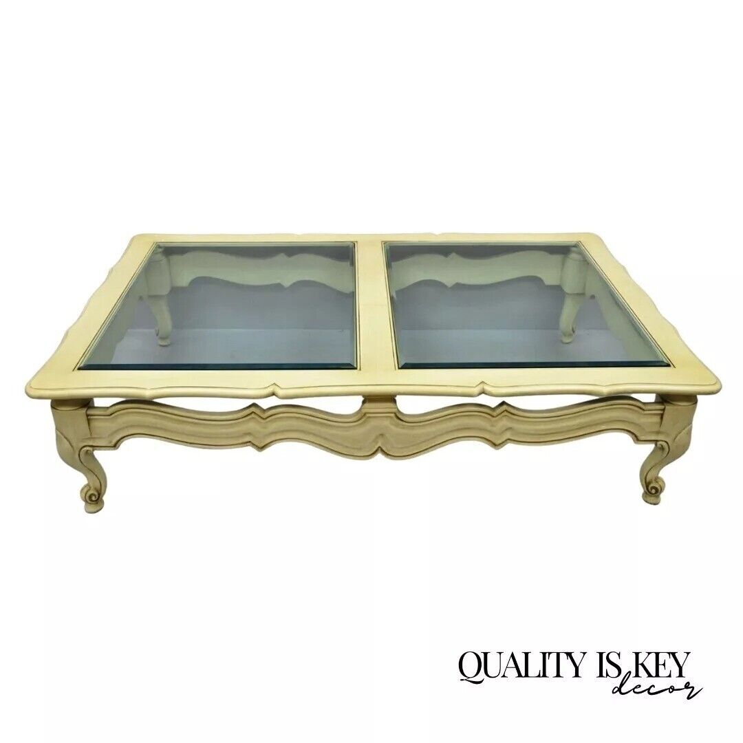 Vintage French Provincial Style Beveled Glass Cream Painted Large Coffee Table