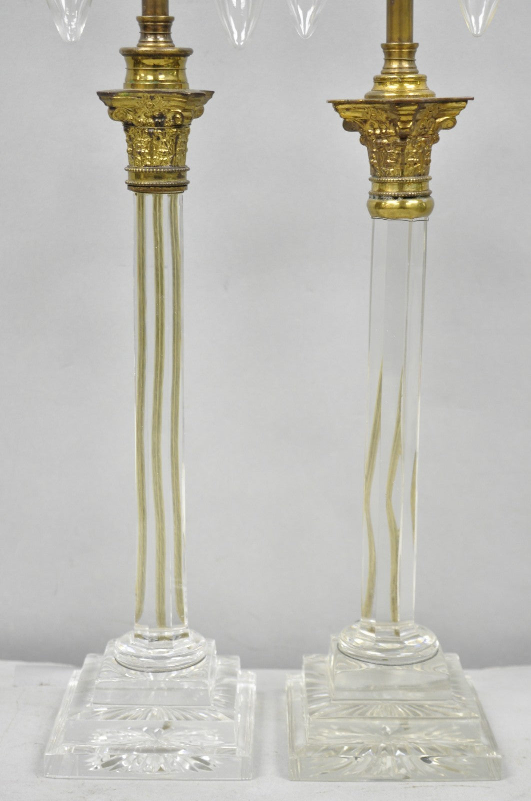 Antique Brass Corinthian Column Crystal Glass Candlestick Small Table Lamps Pair