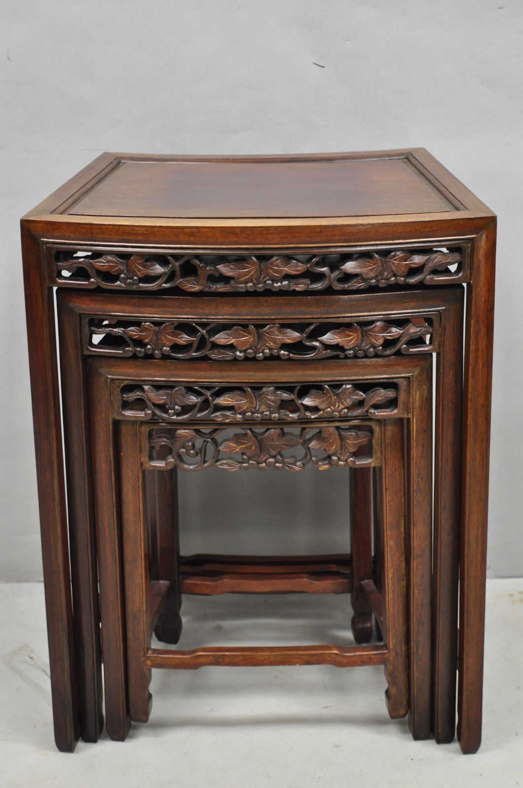 Vintage Chinese Carved Hardwood Curved Frame Nesting Side Tables - Set of 4