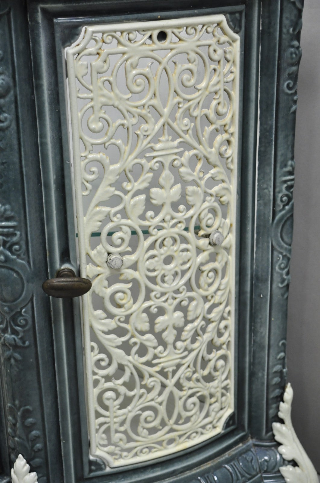 Antique French Victorian Blue White Porcelain Enamel Cast Iron Radiator Cover