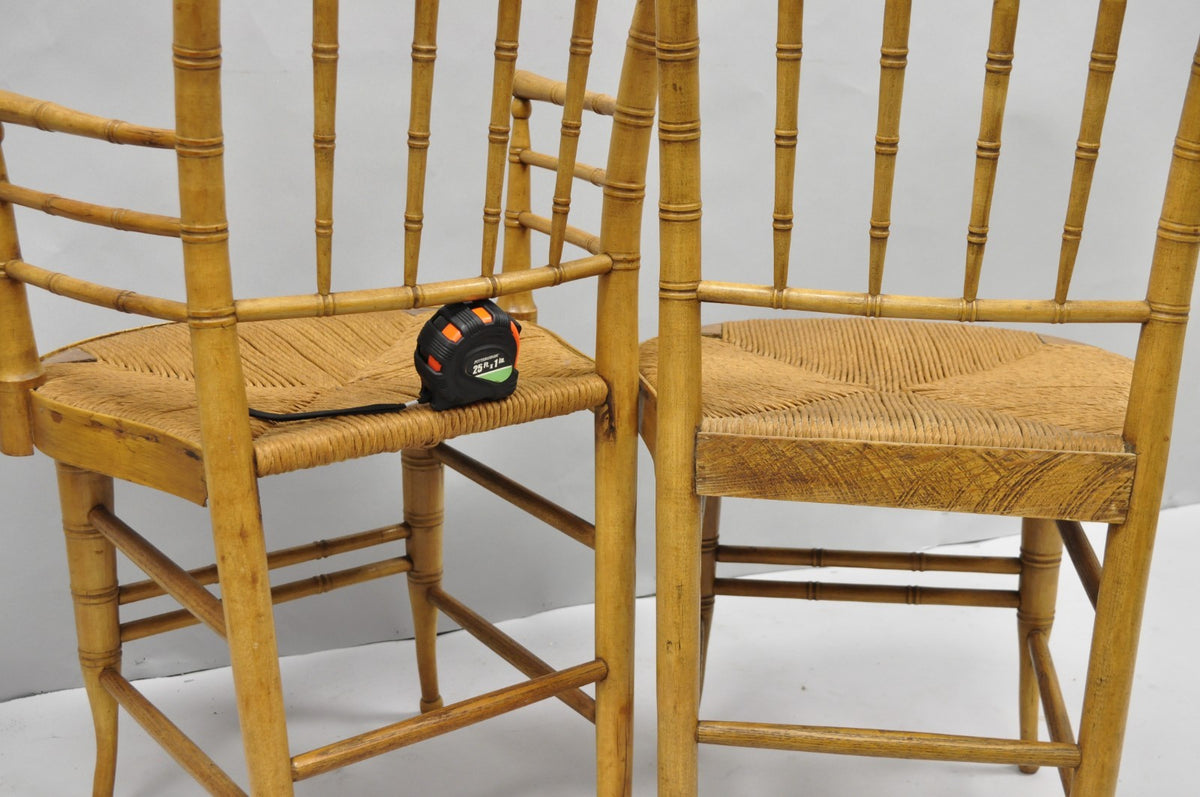 Antique English Regency Faux Bamboo Rush Seat Wooden Dining Chairs - Set of 6