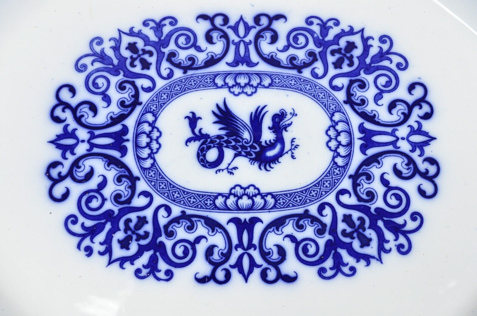 Antique Flow Blue and White Transferware Ironstone Platter Dish w Chinese Dragon
