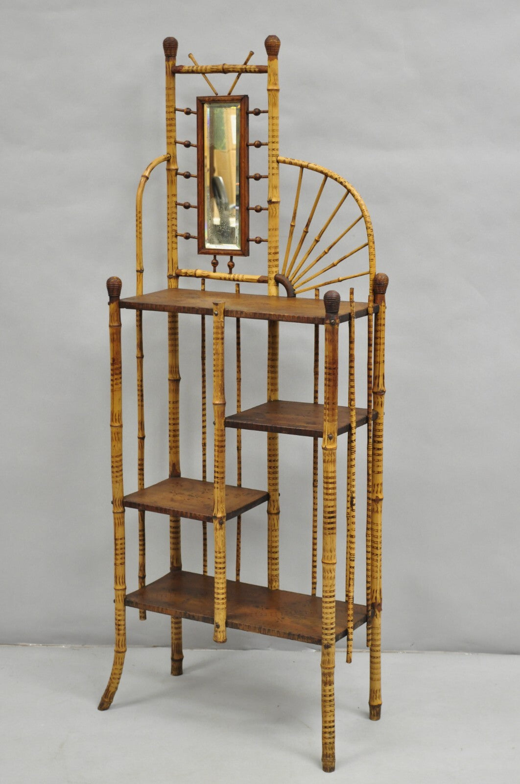 Antique English Victorian Stick and Ball Burnt Bamboo Curio Etagere Shelf Mirror