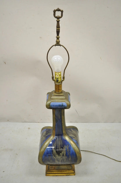 Vintage Mid Century Modern Blue Drip Glazed Sculpted Ceramic Pottery Table Lamp