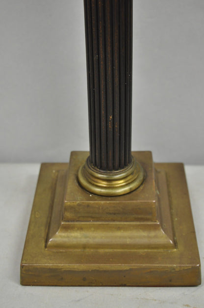 Antique French Empire Brass Converted Oil Lamp Mahogany Wood Column Table Lamp