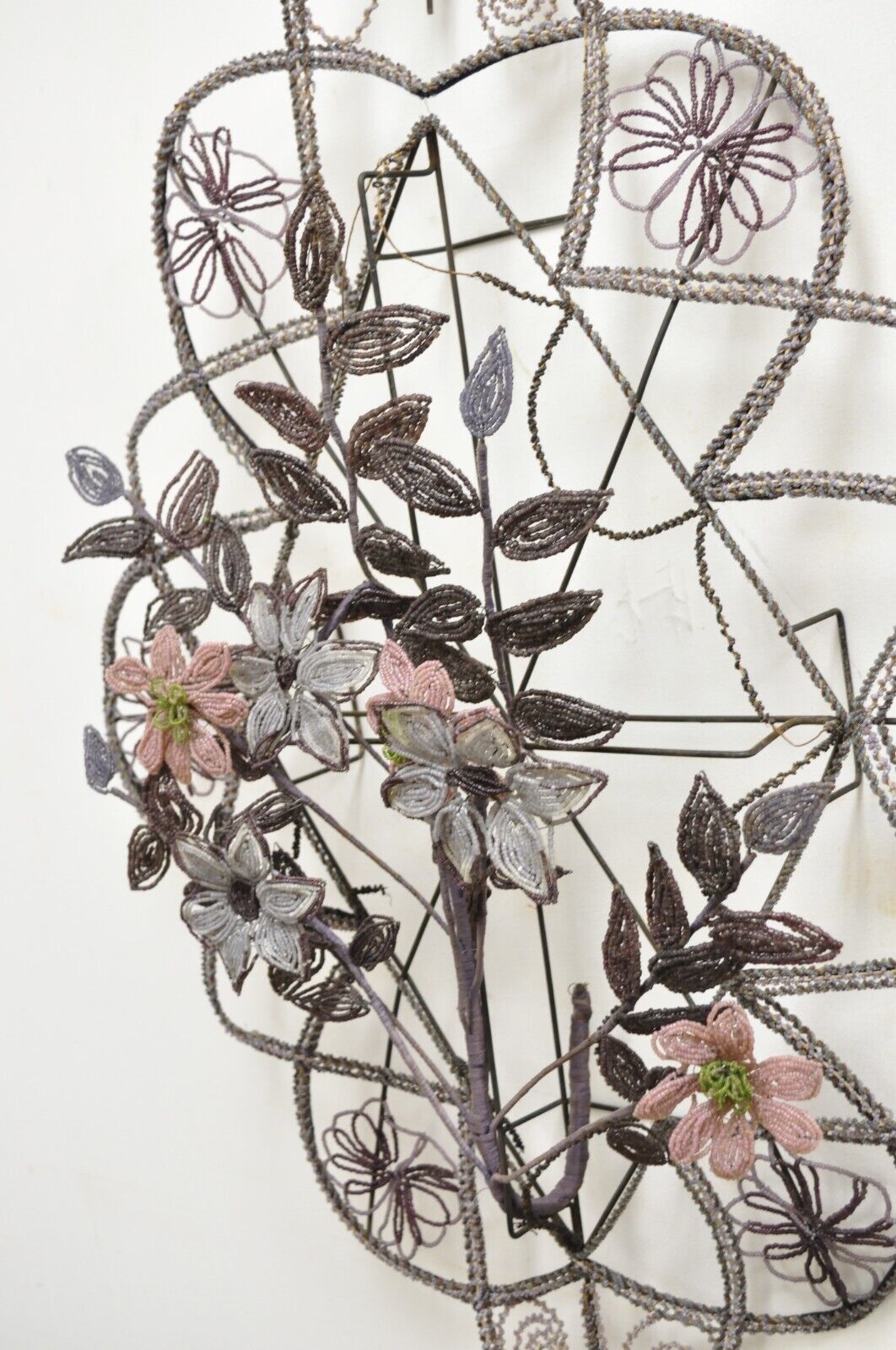 Antique French Victorian Purple Glass Beaded Memorial Wreath Wall Sculpture