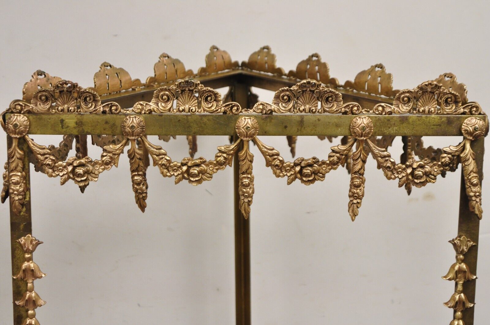 Vintage French Hollywood Regency Ornate Brass Triangular Etagere Stands - Pair