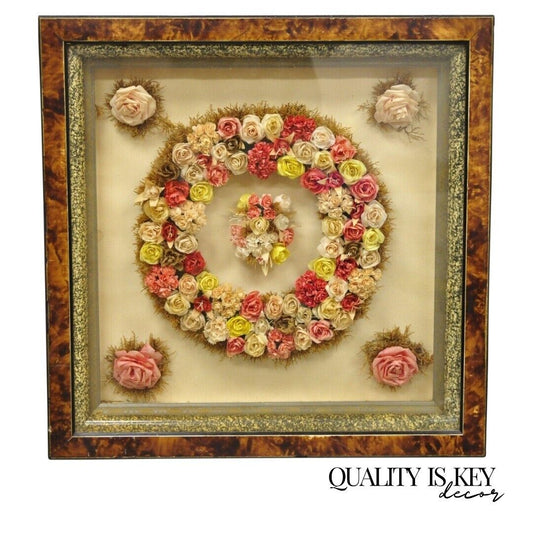 Antique Victorian Paper Mache Flower Mourning Wreath Shadow Box Frame Oddity