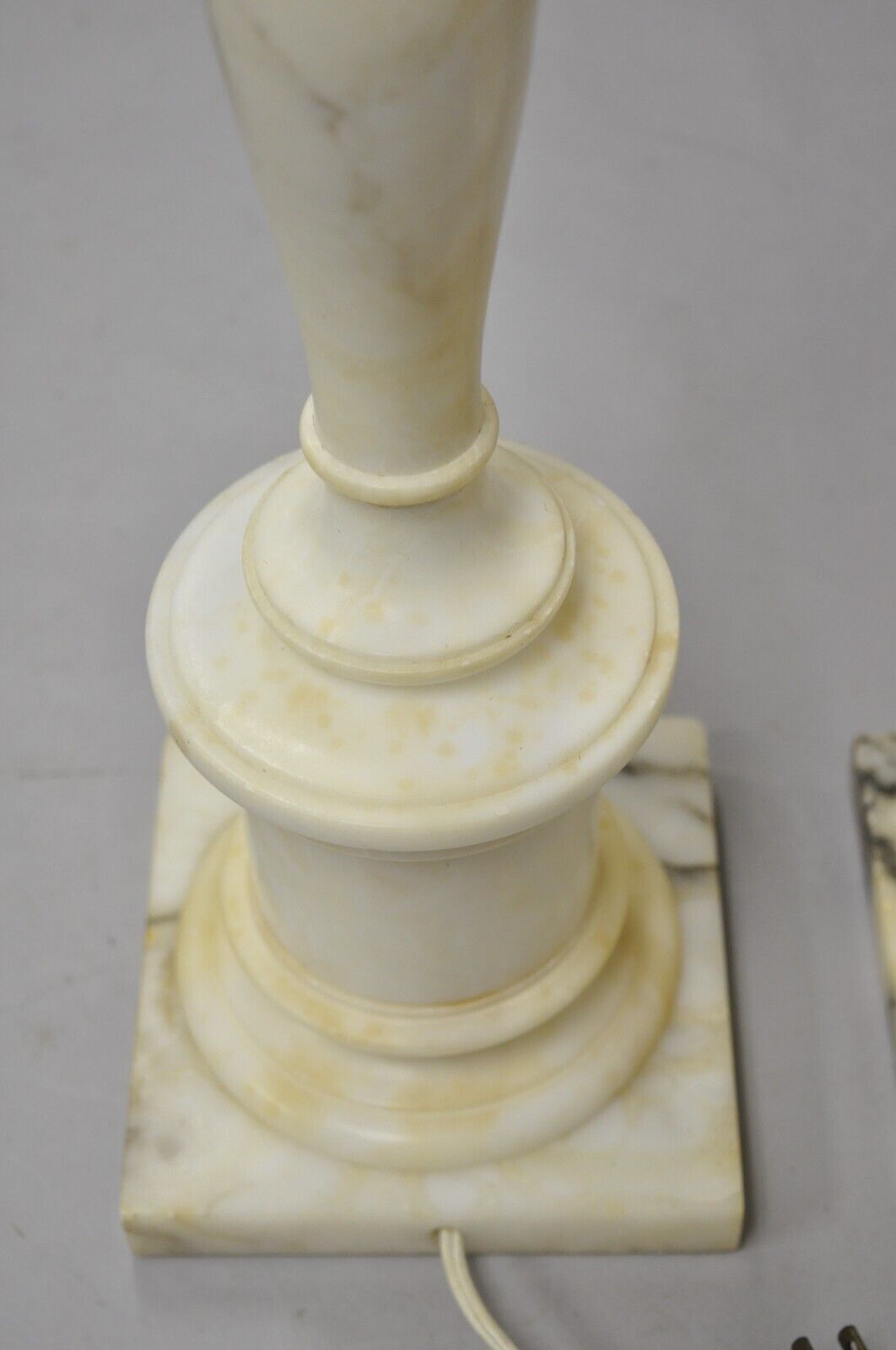 Vintage Italian Classical Carved White Marble Column Table Lamps - a Pair