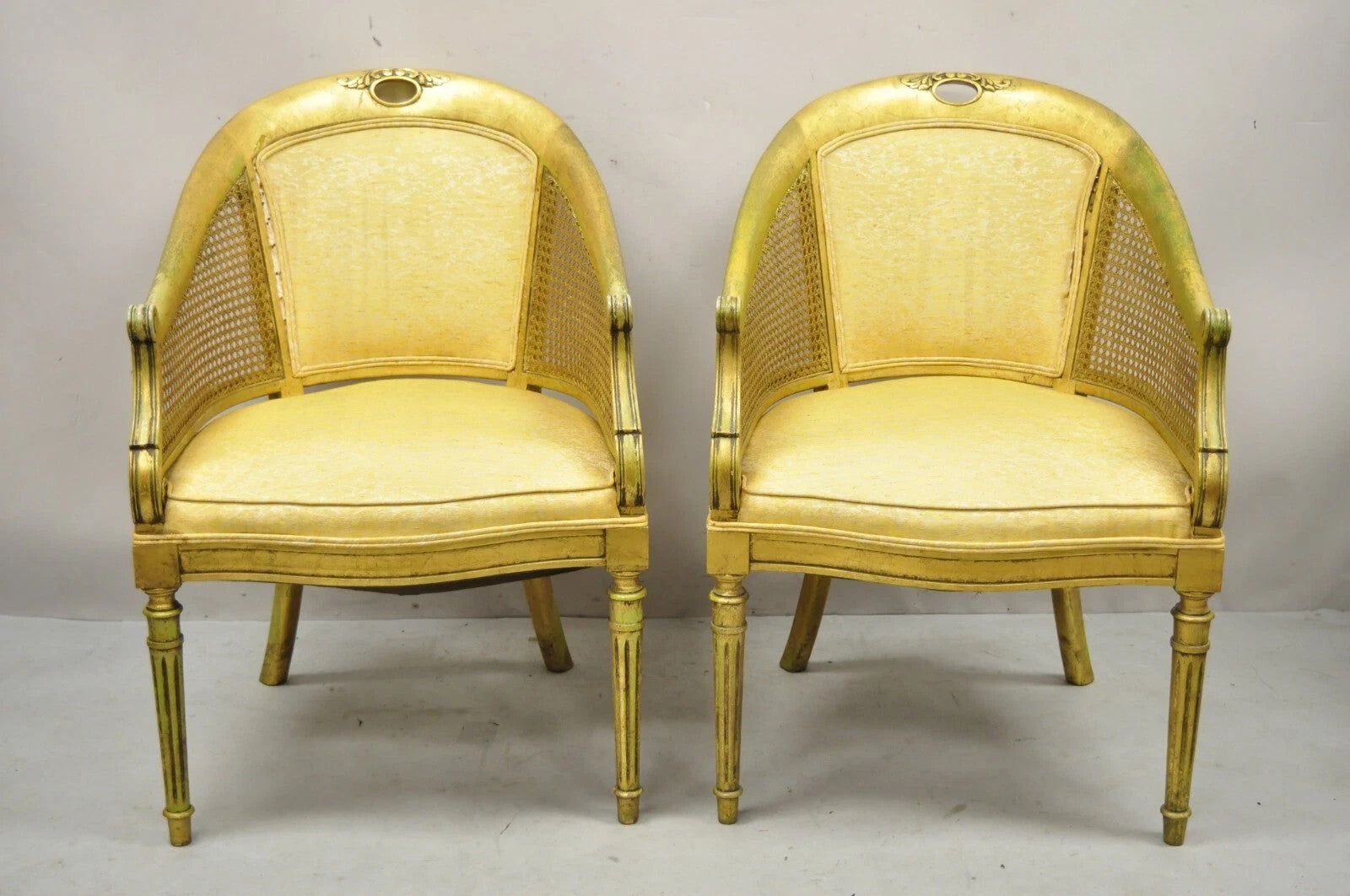 Vintage Italian Hollywood Regency Gold Gilt Barrel Back Cane Lounge Chairs, Pair
