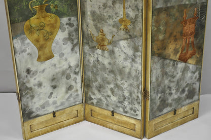 Antique Chinoiserie Oriental Eglomise Antiqued Mirror Glass 3 Panel Room Screen