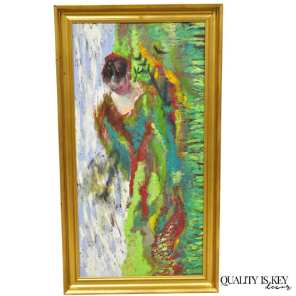 Large Impressionist Style Young Woman in Field Oil on Wood Board Framed Painting