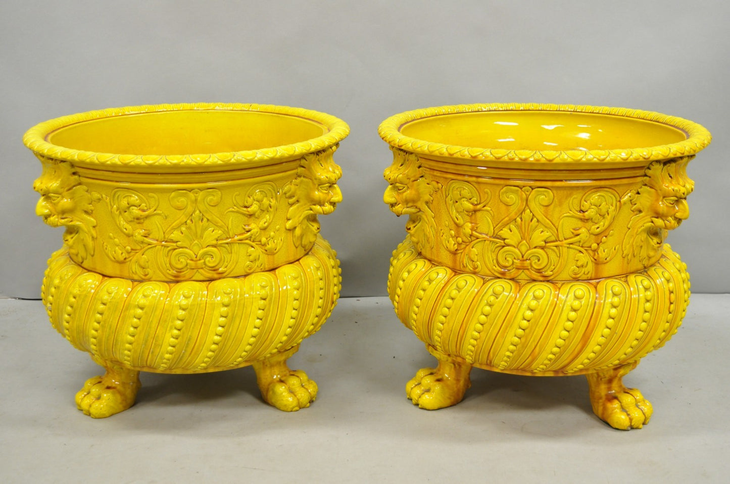 Burmantofts Faience Majolica English Regency Yellow Glazed Jardiniere Pot - Pair