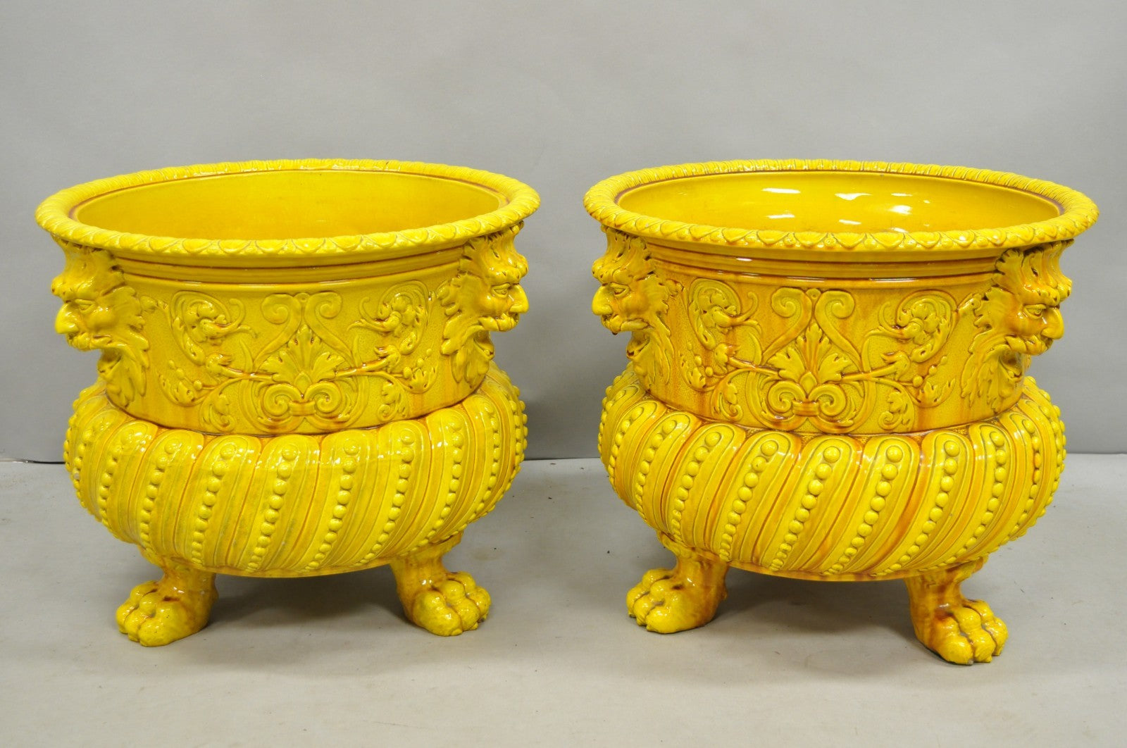 Burmantofts Faience Majolica English Regency Yellow Glazed Jardiniere Pot - Pair