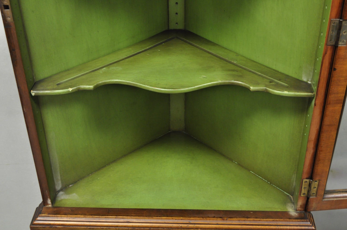 Antique English Adams Style Green Hand Painted Narrow Corner China Cabinet
