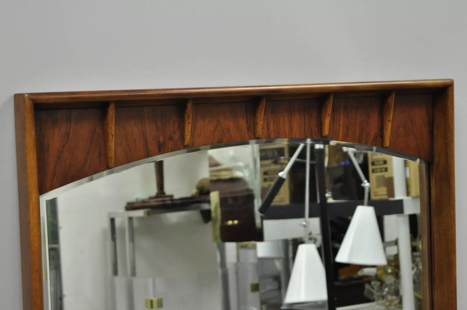 Vintage Mid Century Modern Sculpted Walnut & Rosewood Beveled Glass Wall Mirror