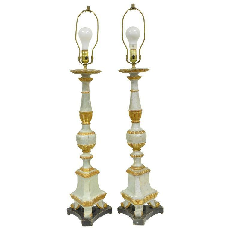 Antique Italian Neoclassical Hand-Carved Giltwood Candlestick Table Lamps - Pair