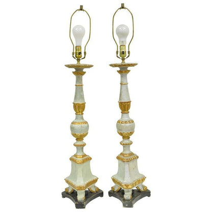 Antique Italian Neoclassical Hand-Carved Giltwood Candlestick Table Lamps - Pair