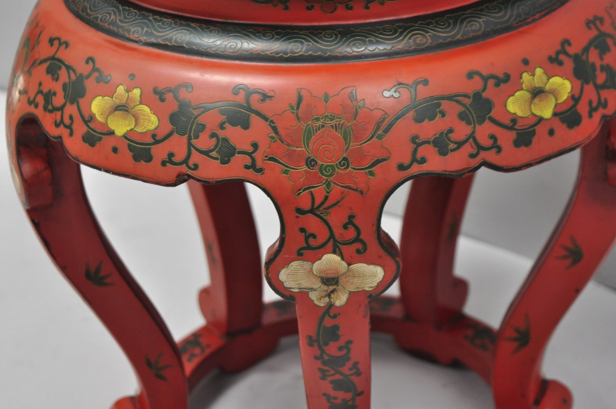 Vintage Chinoiserie Red Lacquer Pedestal Plant Stand Garden Stool Side Table (A)