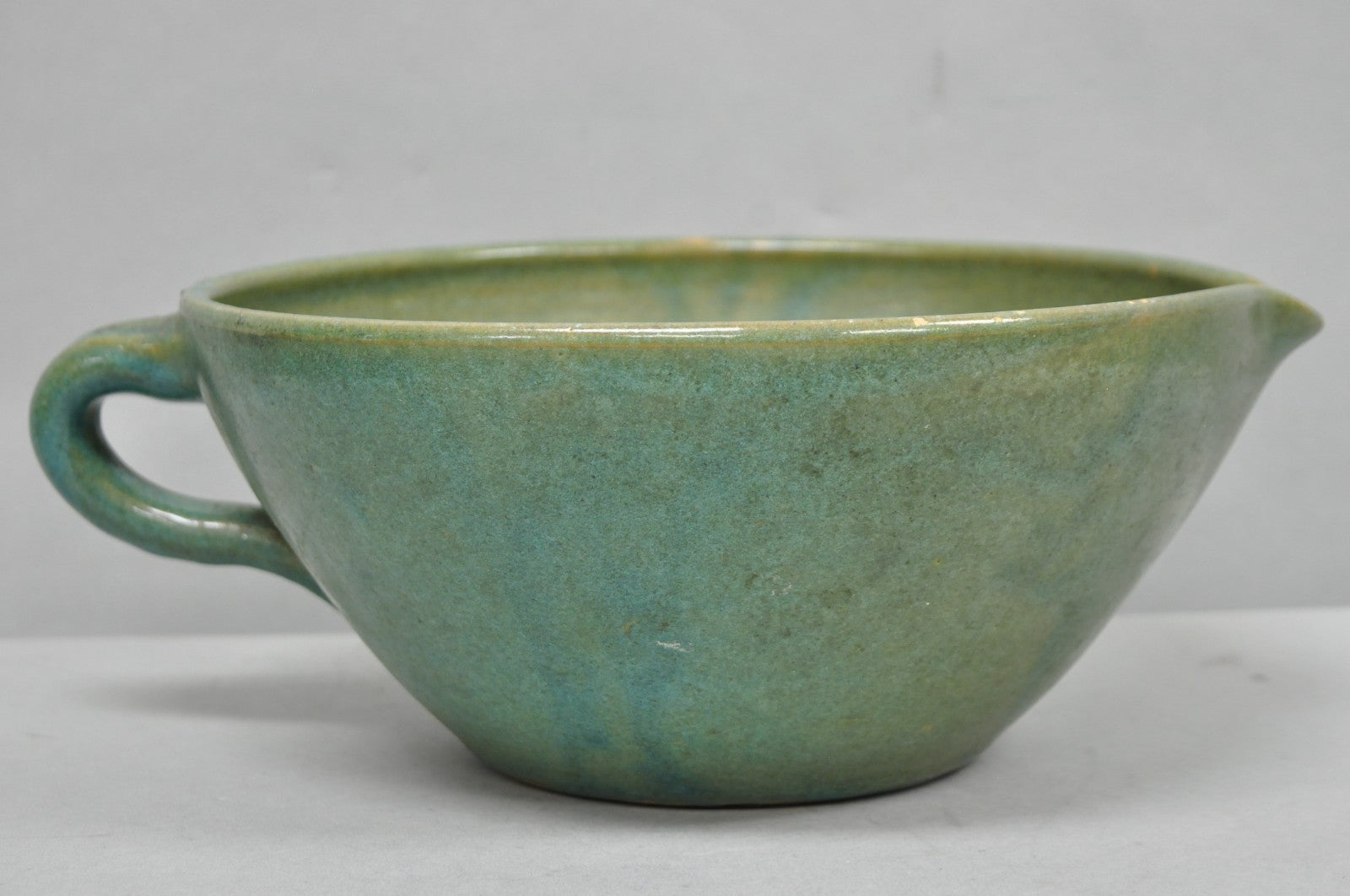 Vintage Primitive Green Glazed Ceramic Pottery Large Mixing Bowl w Handle