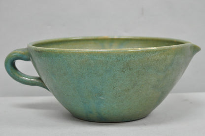 Vintage Primitive Green Glazed Ceramic Pottery Large Mixing Bowl w Handle