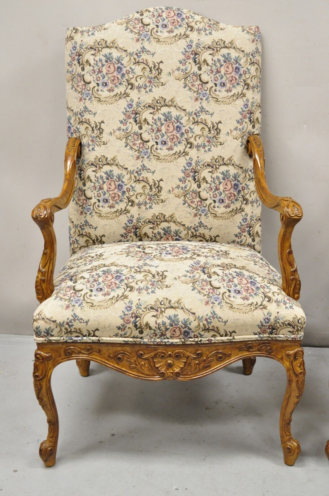 Pair French Country Style Carved Walnut Floral Upholstered High Back Arm Chairs