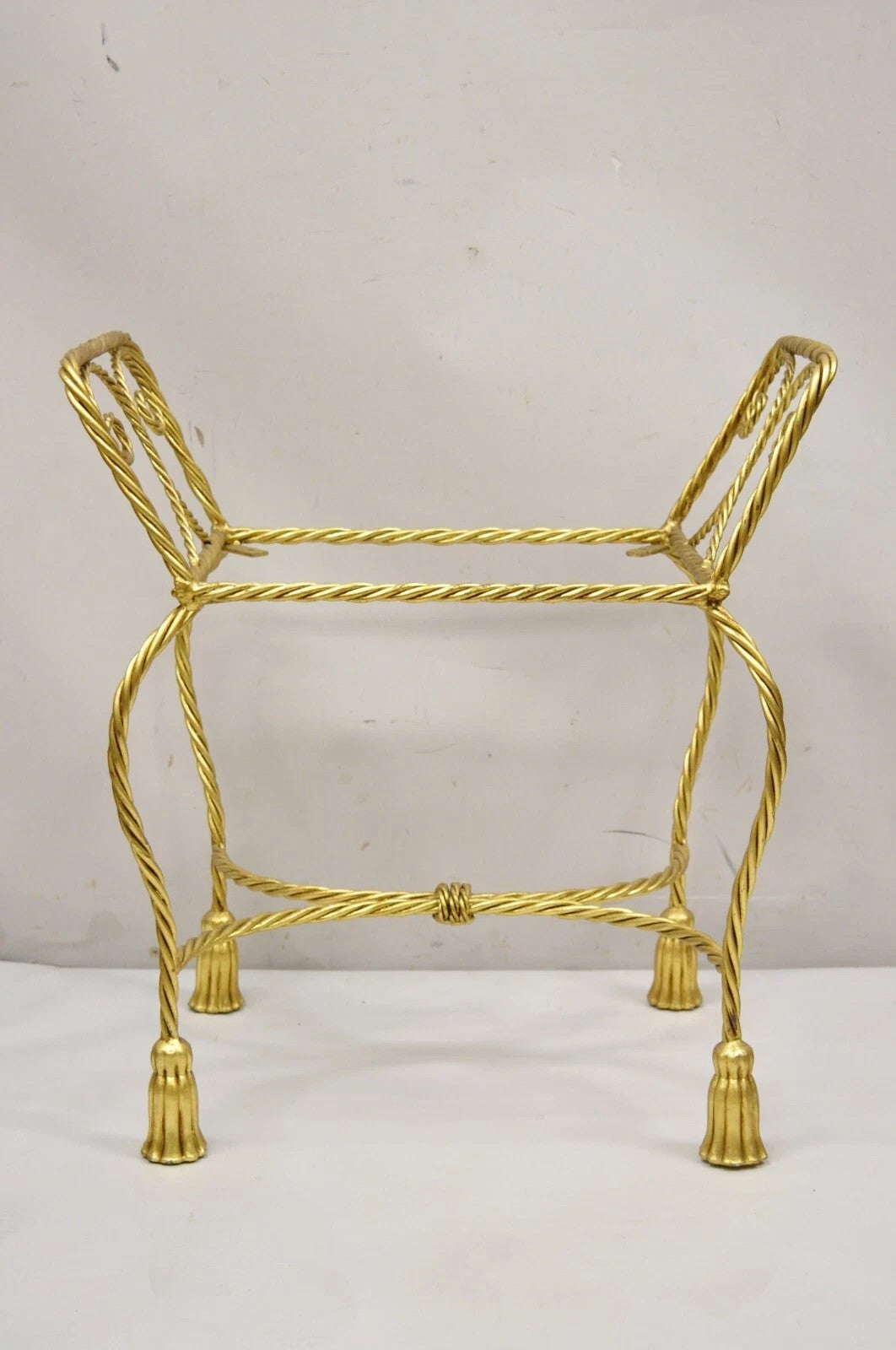 Vintage Italian Hollywood Regency Gold Gilt Iron Rope Tassel Vanity Bench Chair