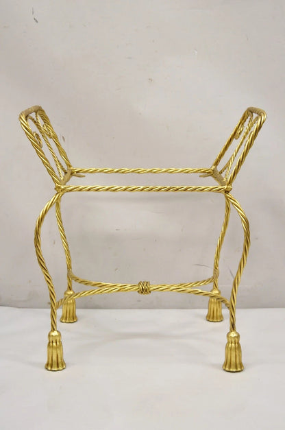Vintage Italian Hollywood Regency Gold Gilt Iron Rope Tassel Vanity Bench Chair