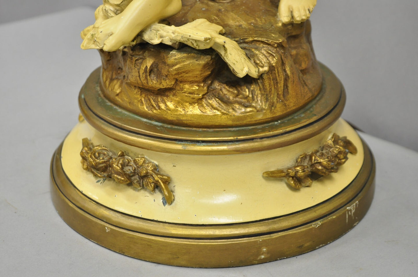 Vintage French L&F Moreau Figural Gold Painted Metal Boy Torchiere Table Lamp